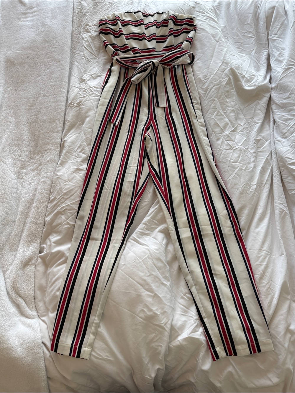 Express Striped Tie-Waist Strapless Jumpsuit